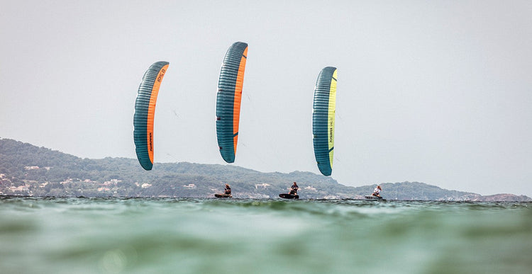 Green Hat Kiteboarding-Foil Kites Collection-3 kite foilers on Flysurfer kites- Sonic-Blue-Orange-Soul-Blue Yellow