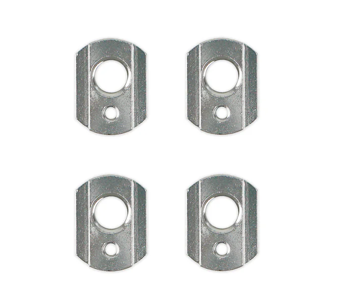 Load image into Gallery viewer, Four small silver t-nuts with circular cut outs, arranged in a 2x2 grid on a plain white background.