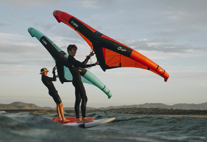 Load image into Gallery viewer, Green Hat Kireboarding-2025 F-One Origin V2-Action Shot-2 Men Wing Foiling the Origin V2