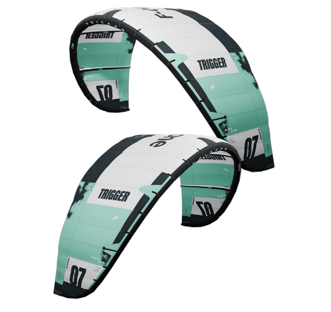 Load image into Gallery viewer, Green Hat Kiteboarding-2025 F-One Trigger V2 Kiteboarding Kite-Color Black/Mint-Leading Edge Front Left and Right View