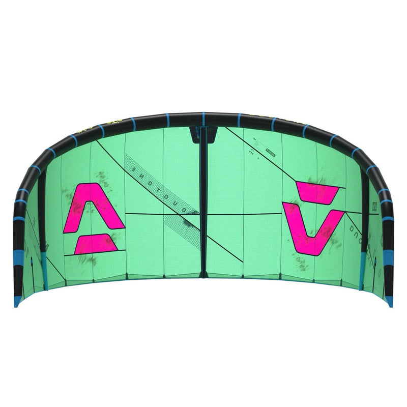 Load image into Gallery viewer, Green and black kite with pink logo on a white background