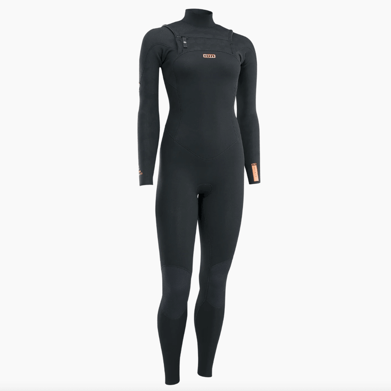 Load image into Gallery viewer, A black wet suit with orange accents, perfect for water women enjoying the ocean. 2023 Ion Element Semidry 5/4 Front-Zip Women's Wetsuit.