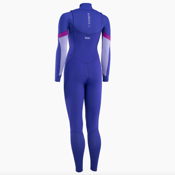 A female form wearing the 2023 Ion Element Semidry 5/4 Front-Zip Women's Wetsuit, a blue and pink wet suit designed for water activities in temperatures ranging from 9°C to 14°C.