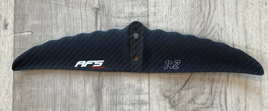 Green Hat Kiteboarding-AFS Silk Stab USED-Black 142 Stab with 'AFS'  branding on a wooden surface-Top View