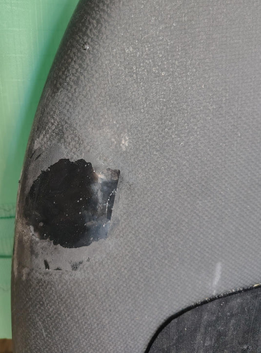 Green Hat Kiteboarding-Appletree Jazz Wingboard 62.5L USED-Close Up View of Left Nose Repair