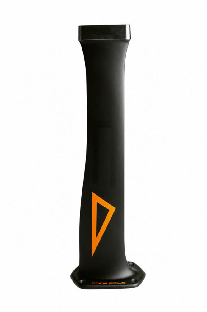 Load image into Gallery viewer, A black carbon fiber mast with a bright orange triangular Code Foils logo and small gold text near the base, shown against a plain white background.