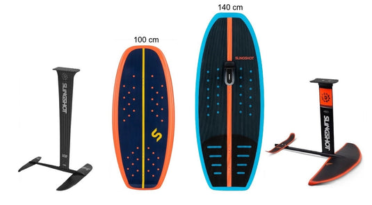 Green Hat Kiteboarding-BLOG-Beginner VS Advanced Kite Foils-Slingshot Dwarfcraft with Carbon Foil next to Slingshot WF-2 and the Infinity 76 Foil