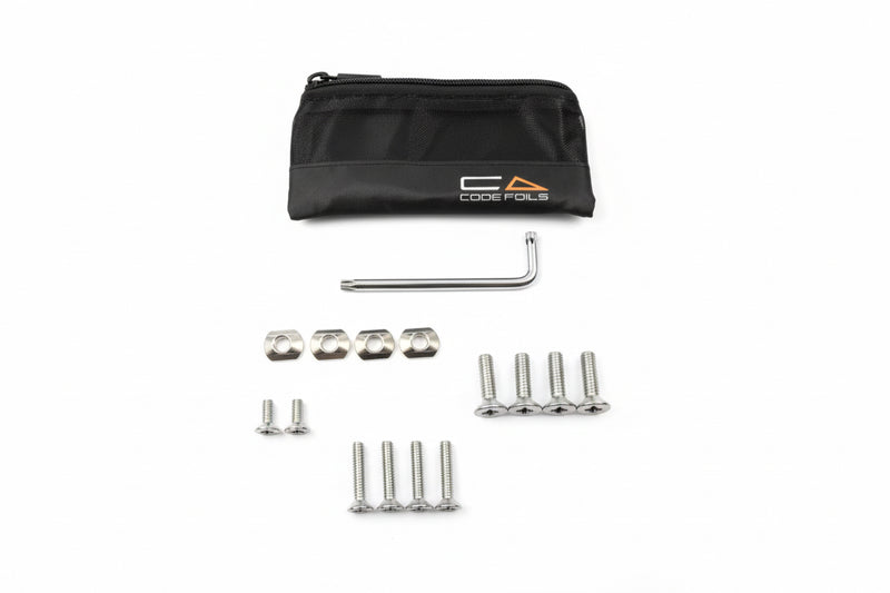 Load image into Gallery viewer, Set of screws, nuts, and a tool with a branded pouch.