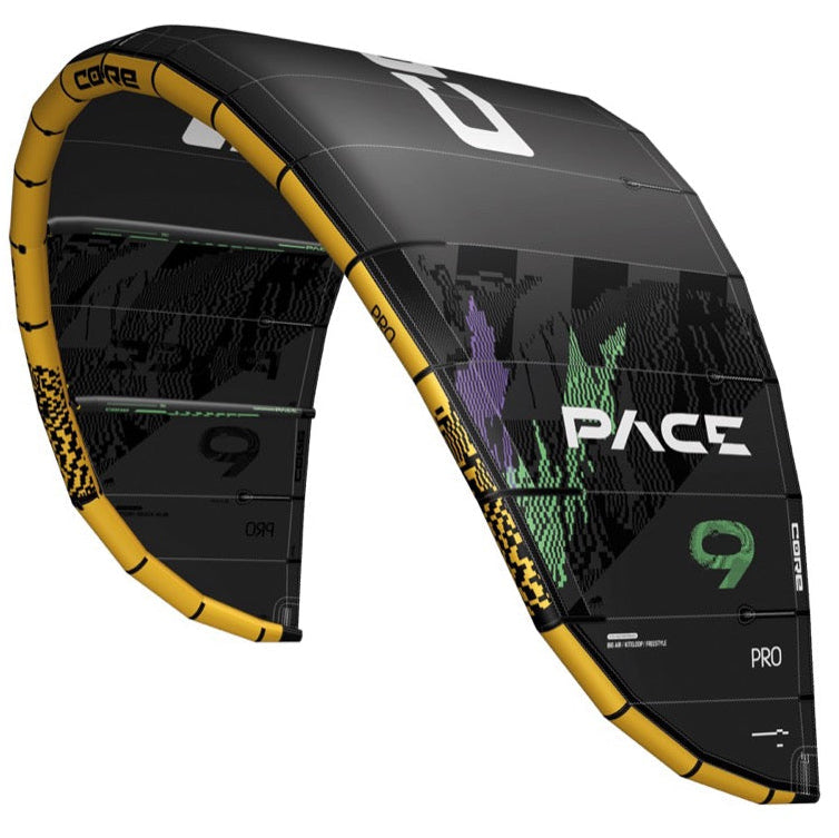 Load image into Gallery viewer, A Core kitesurfing kite in black, yellow, and green, featuring the 'PACE 9' model name and graphics, shown on a solid white background.