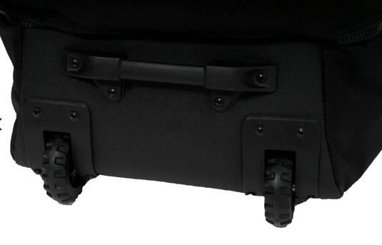 Green Hat Kiteboarding-Dakine Air Wagon Travel Bag-Black-Close Up of Wheels on Bag on a White Background