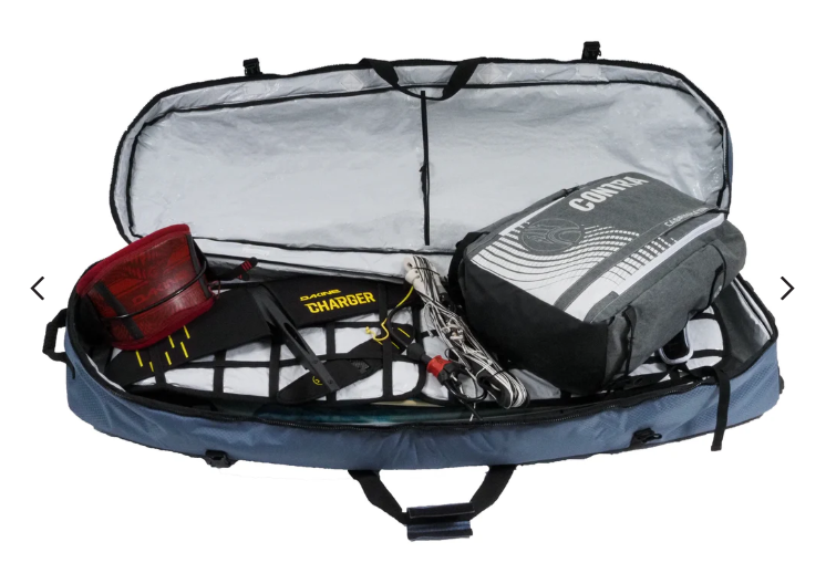 Load image into Gallery viewer, Green Hat Kiteboarding-Dakine Air Wagon Travel Bag-Blue-Bag Full of Kite Gear on a White Background