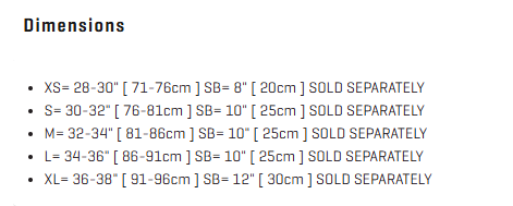 Green Hat Kitebording-Dakine C2 Kite Harness-Dimensions chart with size ranges and corresponding specifications.