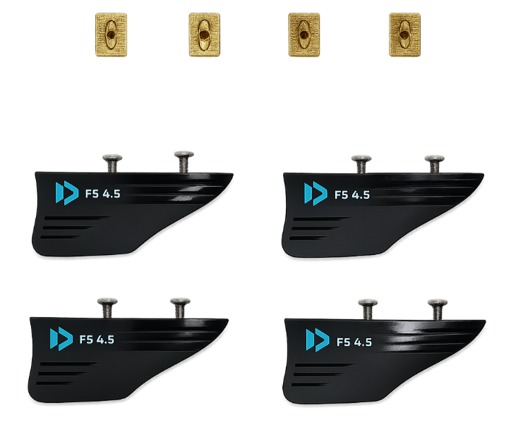 Load image into Gallery viewer, Green Hat Kiteboarding-2025 Duotone 4.5 Fins- Four black wing-like structures with 'FS 5.0' branding on a white background