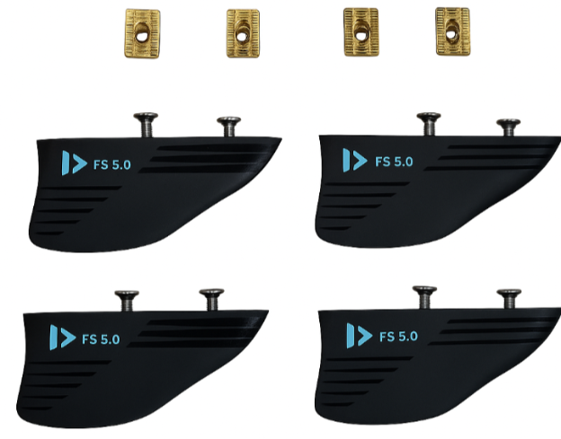 Load image into Gallery viewer, Green Hat Kiteboarding-2025 Duotone 5.0 Fins- Four black wing-like structures with 'FS 5.0' branding on a white background