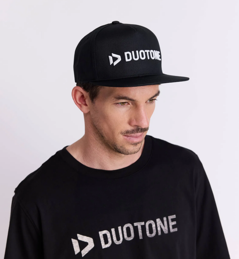 Load image into Gallery viewer, Green Hat Kiteboarding-Duotone FONT 5Panel Cap-Man Wearing the Hat on a White Background