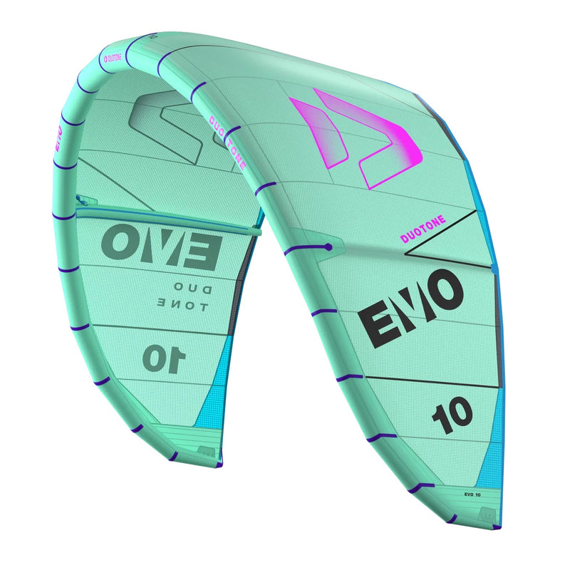 Load image into Gallery viewer, Turquoise and blue EVO kite with branding on a white background