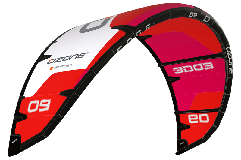 Load image into Gallery viewer, Green Hat Kiteboarding-Ozone Edge VT Red-Left Leading Edge View on a White Background