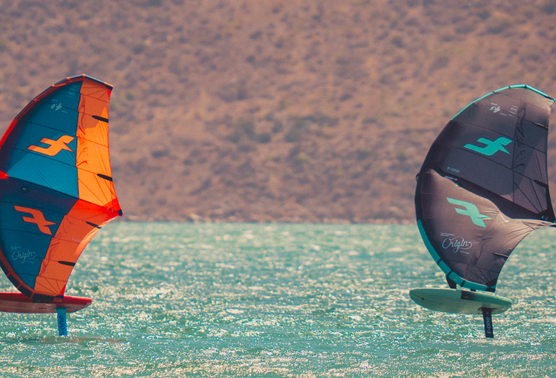 Load image into Gallery viewer, Green Hat Kiteboarding-F-One Origin V1 Wing-Action Shot-2 Men Winging on F-One Origin V1