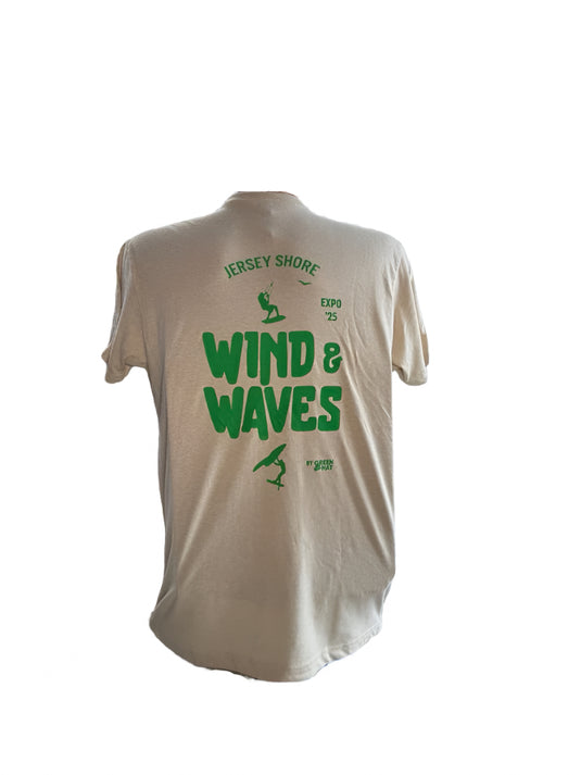 Sand Colored Kite/Wing/Foil Event T-shirt with Jersey Shore Wind & Waves event LOGO on Back
