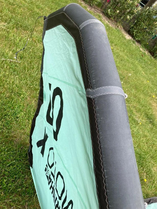 Green Hat Kiteboarding-2023 Cabrinha Moto X 9m USED Kite-Leading Edge Upside Down Left Wing Tip View