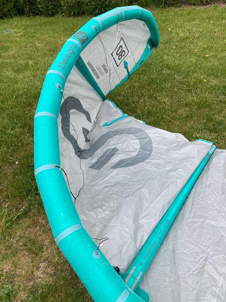 Load image into Gallery viewer, Green Hat Kiteboarding-2022 Eleveight PS V5 8m USED Kite-Leading Edge Upside Down Left Wing Tip View