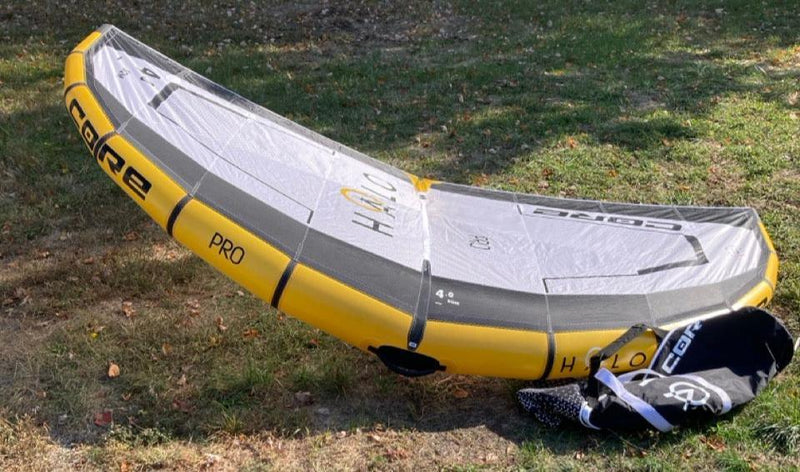Load image into Gallery viewer, Green Hat Kiteboarding-4m Core Halo Pro Wing USED-Leading Edge Top View with Bag