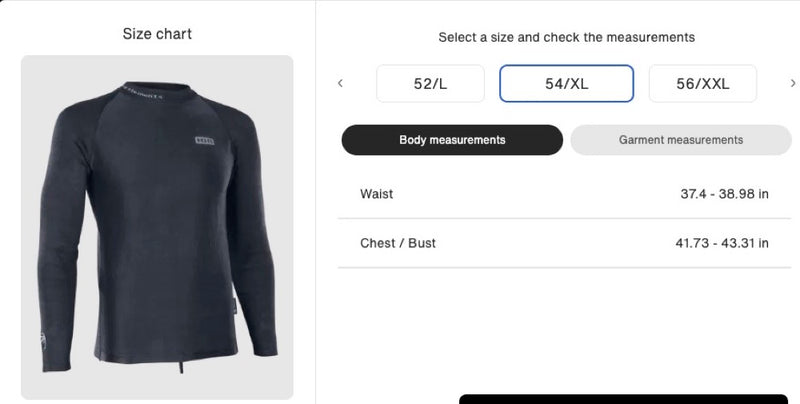 Load image into Gallery viewer, Ion Surf Shield Rash Guard LS Size Chart