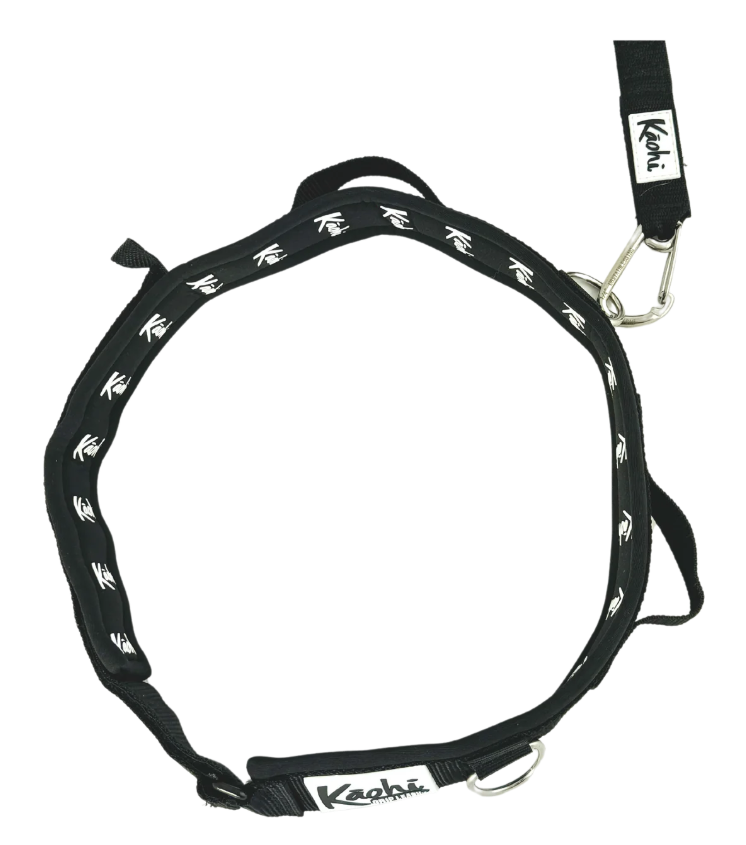 Load image into Gallery viewer, Green Hat Kiteboarding-Kāohi Padded Black Belt™ Waist Belt-Top View with Carabiner Attached