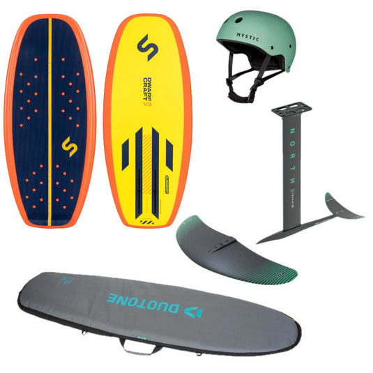 Green Hat Kiteboarding-Kite Foil Package- All Items of the Package on a White Backdrop-Board, Foil, Board Bag & Helmet