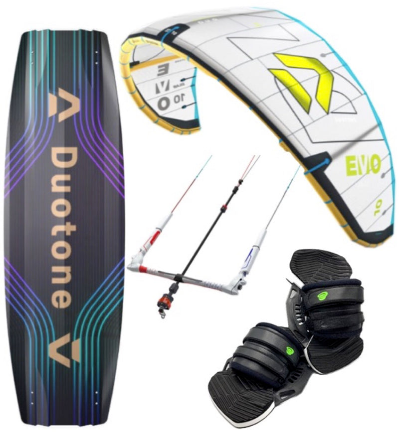 Load image into Gallery viewer, A kiteboarding package featuring a white and yellow Duotone kite, black Green Hat bindings, a black and purple/blue Duotone board, and a white, red and blue Duotone control bar on a white background.