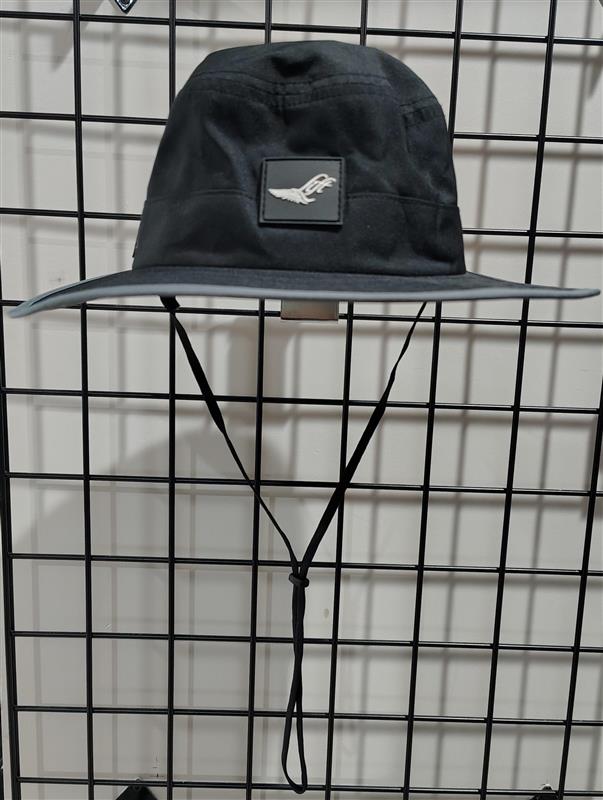 Load image into Gallery viewer, Green Hat Kiteboarding-Lift Foils Bucket Hat-Front View of Black bucket hat with a logo patch on a grid background