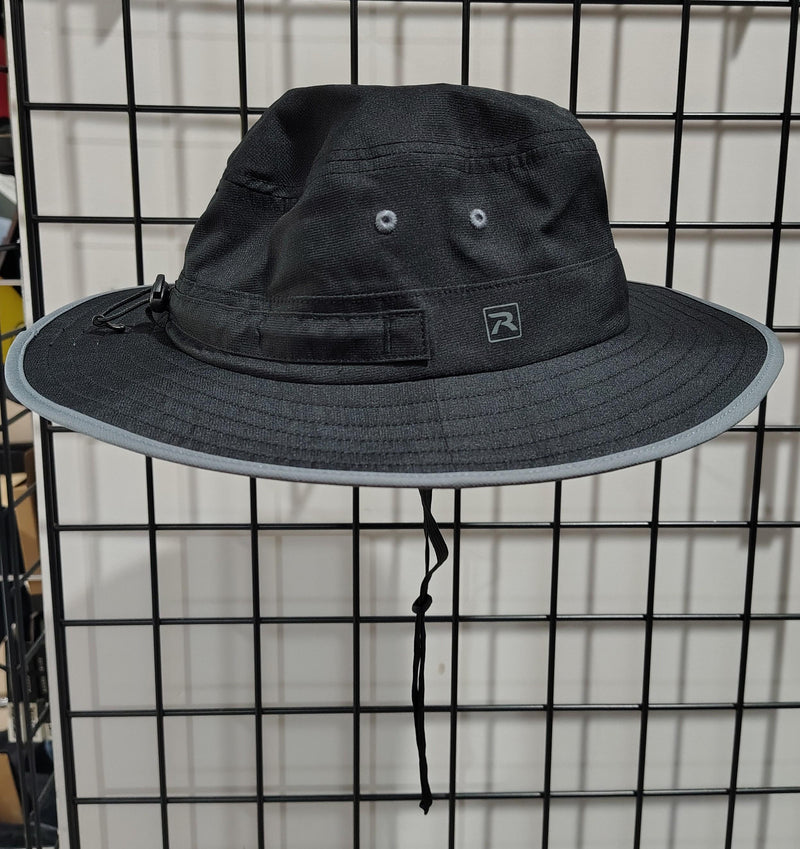 Load image into Gallery viewer, Green Hat Kiteboarding-Lift Foils Bucket Hat-Right View of Black bucket hat with a logo patch on a grid background