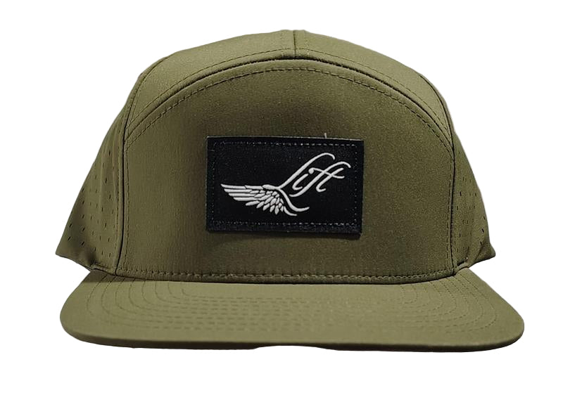 Load image into Gallery viewer, Green Hat Kiteboarding-Lift Foils Water Cap-Front View of Green cap with a black patch featuring 'Lift' branding on a grid background