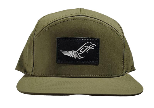 Green Hat Kiteboarding-Lift Foils Water Cap-Front View of Green cap with a black patch featuring 'Lift' branding on a grid background