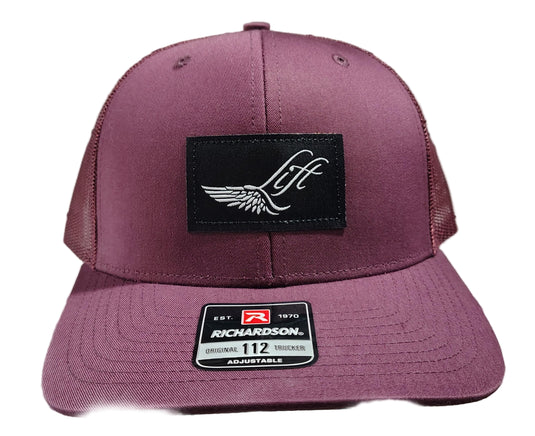 Green Hat Kiteboarding-Lift Foils Original Trucker Hat-Maroon-Front View of  cap  on a grid background