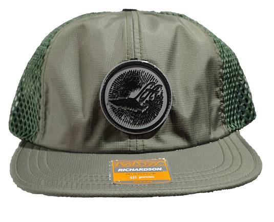 Green Hat Kiteboarding-Lift Foils R-Active Cap-Olive Green-Front View of  cap  on a grid background