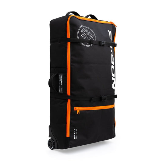 Green Hat Kiteboarding-Nobile Splitboard Check In Bag Lite- Left Front of Black and orange bag with Nobile branding on a white background