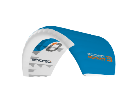 Green Hat Kiteboarding-Ozone Pocket Rocket-Marine Blue/Marine Blue/White- Blue and white kite with branding on a white background