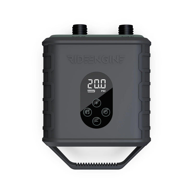 Load image into Gallery viewer, A black device with buttons and a digital display, the Ride Engine Air Box Electric Pump, used for inflating kites, wings, and boards. It has a two-stage system for fast inflation and real-time pressure monitoring. Includes Air Box, Hose (3'), 4 Nozzles, USB-C Charging Cable, 12V Car Charger.