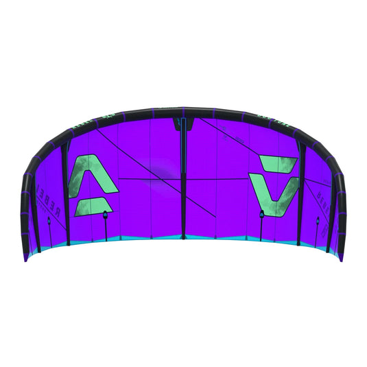 Purple kite with green logo on a white background
