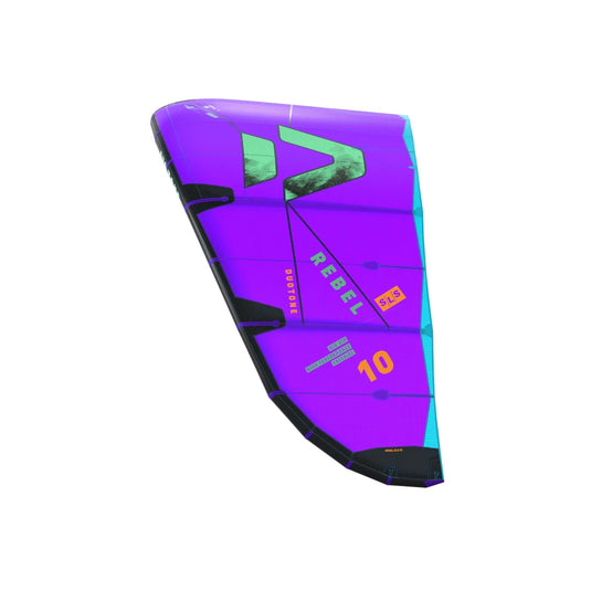 Purple and teal kite with 'Rebel' branding on a white background