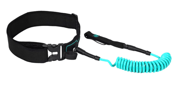 Load image into Gallery viewer, Green Hat Kiteboarding-Ride Engine Waist Coiled Board Leash. A black waist belt with a blue coiled quick-release cord and stainless steel swivels, on white background
