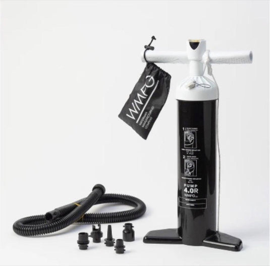 A black and white WMFG kite/wing pump with various nozzle attachments and a flexible hose, displayed on a white background.
