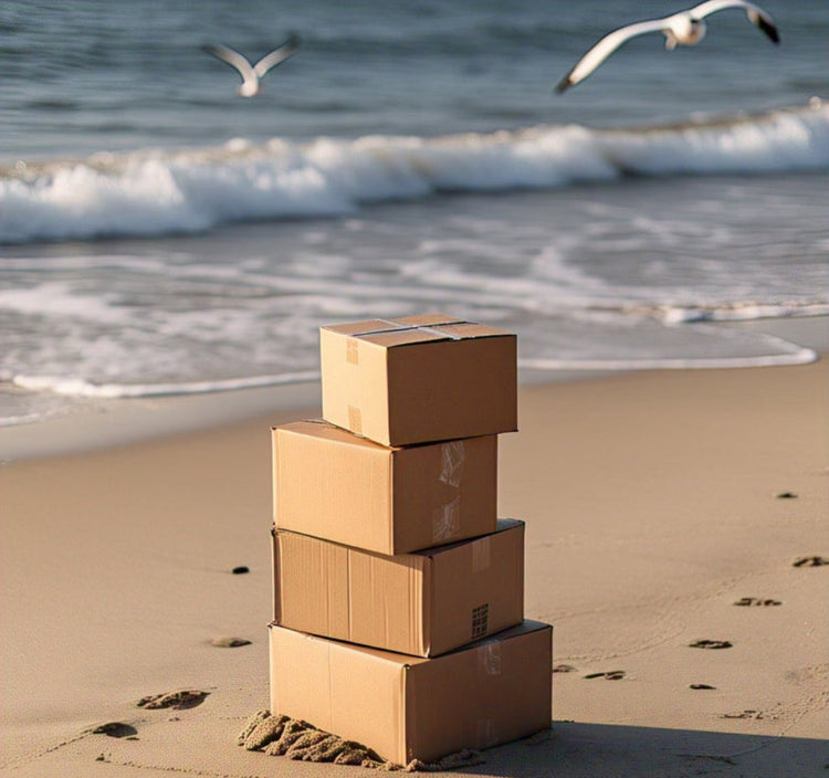 Green Hat Kiteboarding-Pages-Shipping Policy-Pile of Boxes on the Beach-Created by Meta AI