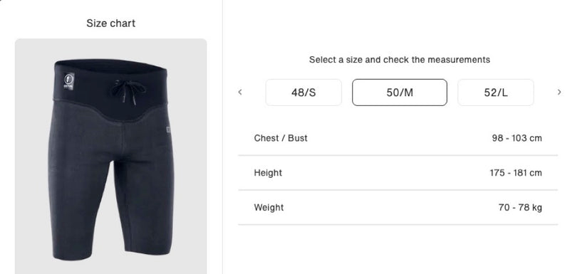 Load image into Gallery viewer, Size Medium Chart for the Ion Surf Shield Tights Short