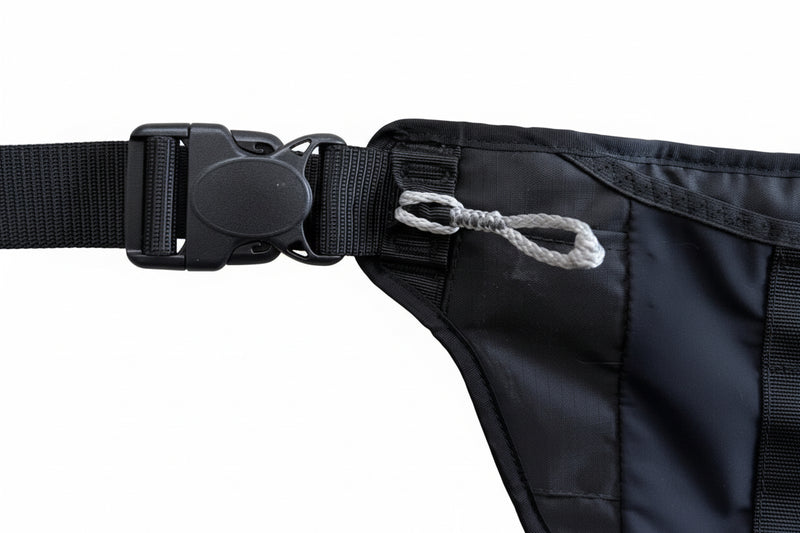 Load image into Gallery viewer, Black waist bag with a strap and buckle on a white background