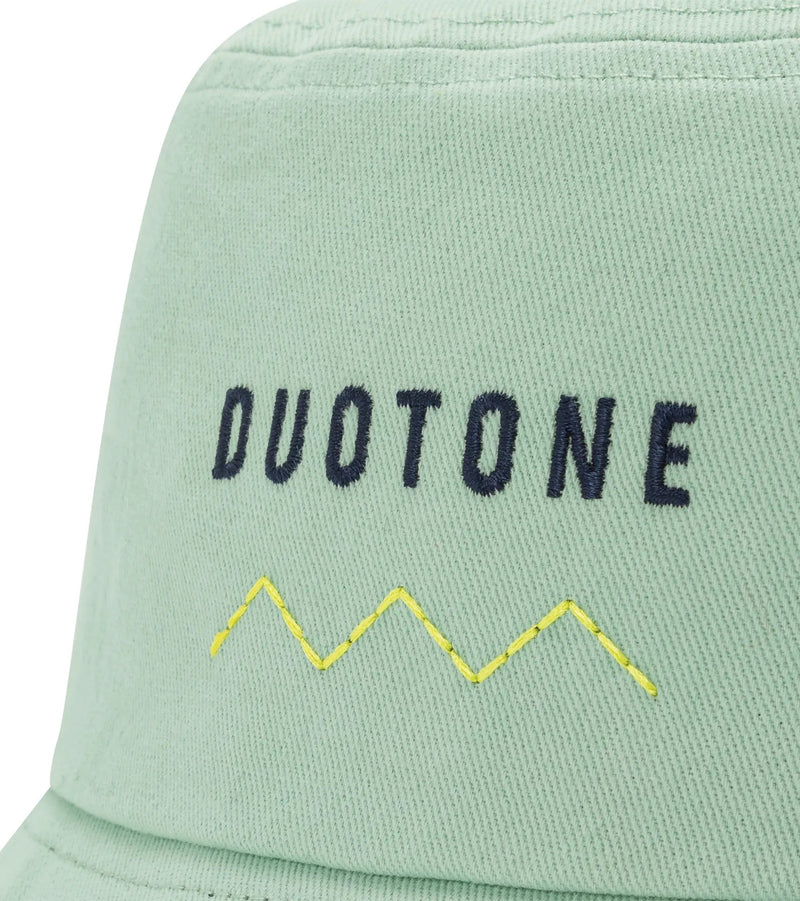 Load image into Gallery viewer, Light green bucket hat with 'Duotone' branding on a white background