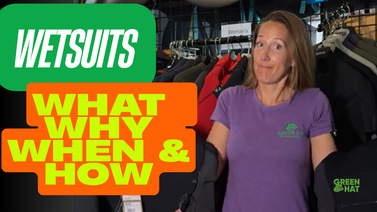 Green Hat Kiteboarding-Video Thumbnail-Wetsuit Buyers Guide with product images and branding text.