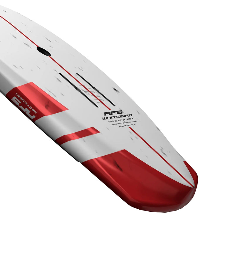 Load image into Gallery viewer, Green Hat Kiteboarding-AFS Whitebird Mid Length Board-Bottom View Close Up on Cut Outs & Foil Tracks