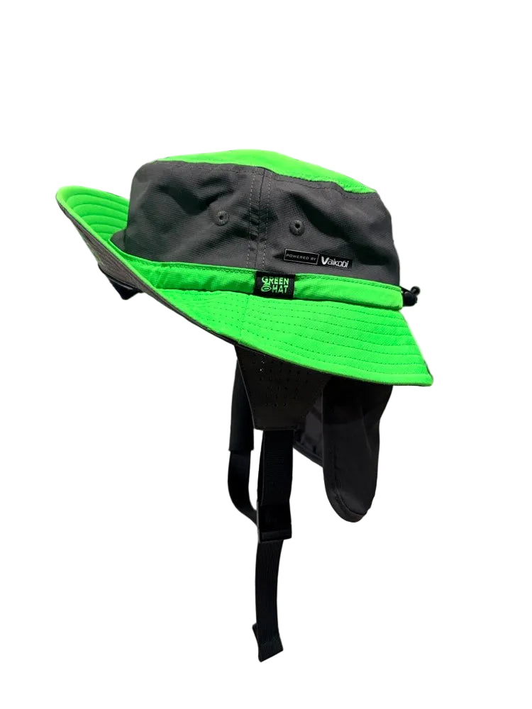 Load image into Gallery viewer, Green and black hat with a flipped up brim on a white background